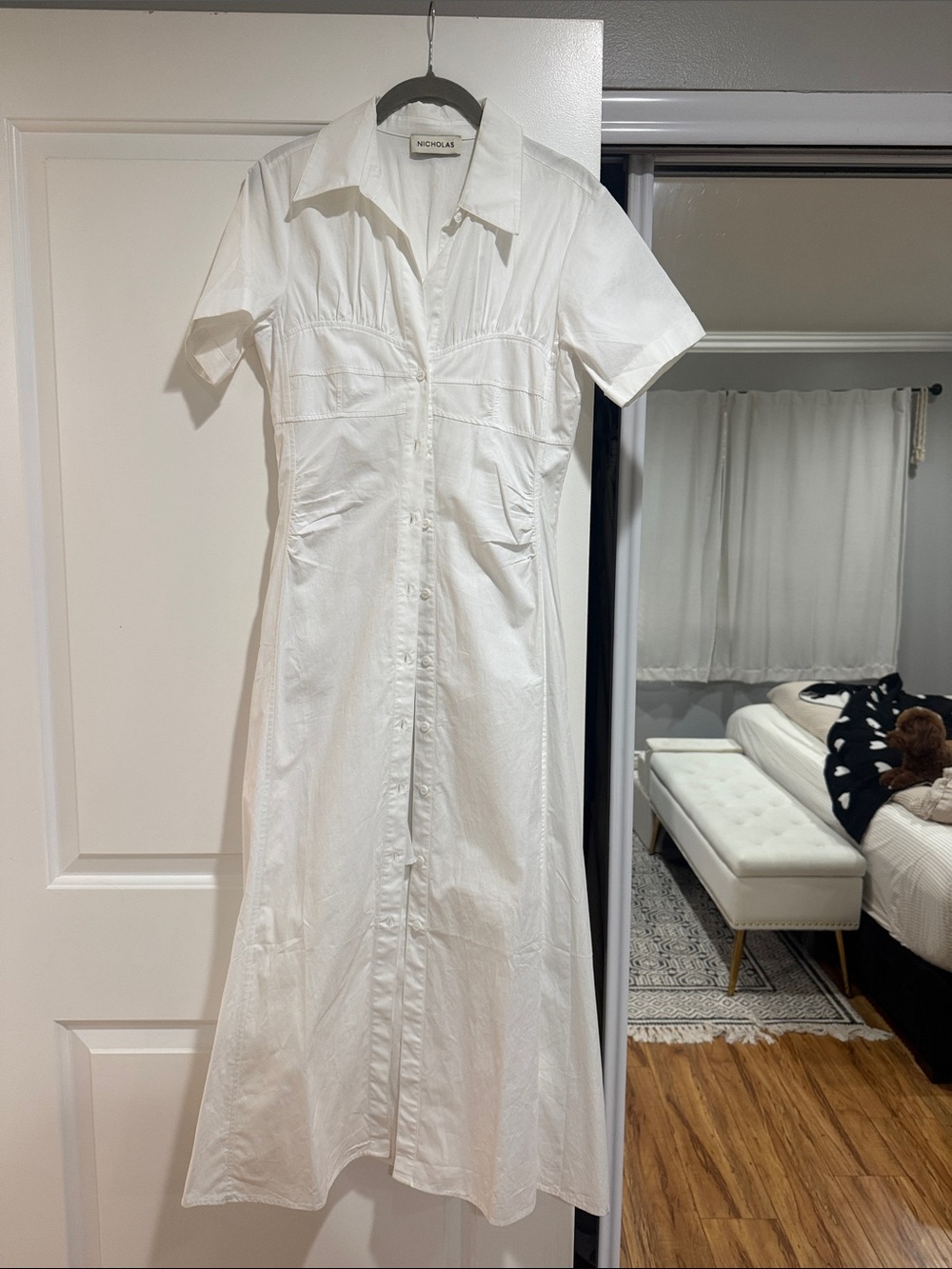 NICHOLAS White Button-Front Midi Shirt Dress